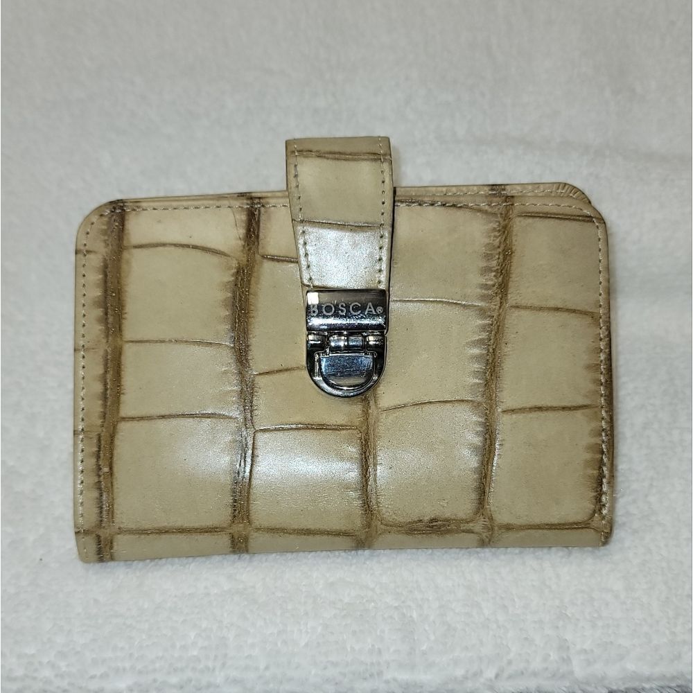 Bosca Bone Color Croc Embossed Leather Wallet